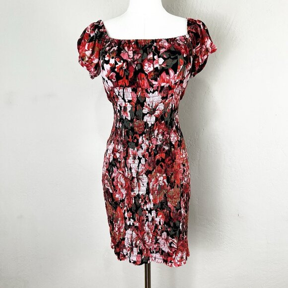 Free People Wren Smocked Off Shoulder Party Bodycon Mini Dress Pink Floral Small - Picture 1 of 10